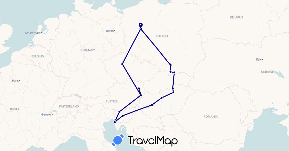 TravelMap itinerary: driving in Austria, Czech Republic, Hungary, Italy, Poland, Slovenia (Europe)